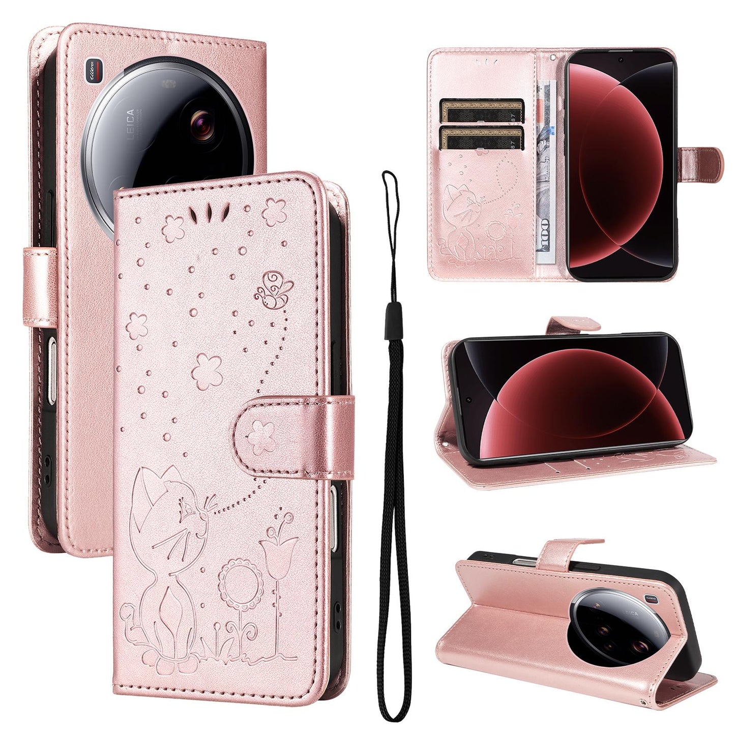 For Xiaomi 15 Ultra 5G Cat and Bee Embossed Flip Leather Phone Case Wallet Cover with Card Slots Cash Pocket Magnetic Stand Protective Shockproof TPU PU Leather Case with Wrist Strap