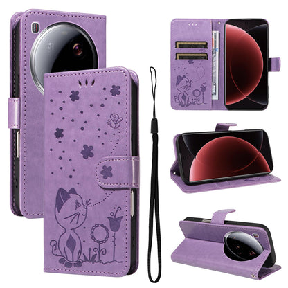 For Xiaomi 15 Ultra 5G Cat and Bee Embossed Flip Leather Phone Case Wallet Cover with Card Slots Cash Pocket Magnetic Stand Protective Shockproof TPU PU Leather Case with Wrist Strap