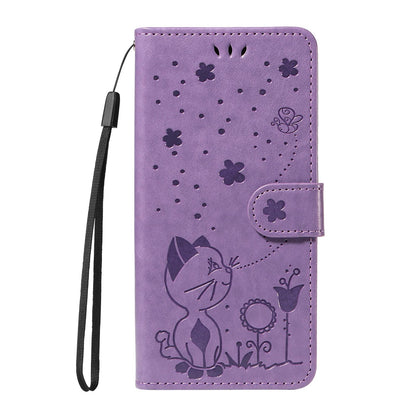 For Xiaomi 15 Ultra 5G Cat and Bee Embossed Flip Leather Phone Case Wallet Cover with Card Slots Cash Pocket Magnetic Stand Protective Shockproof TPU PU Leather Case with Wrist Strap