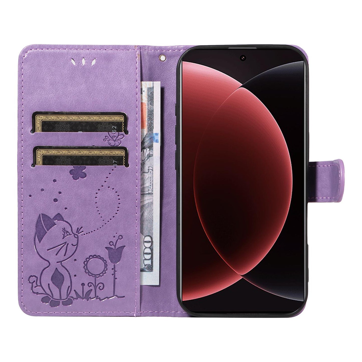 For Xiaomi 15 Ultra 5G Cat and Bee Embossed Flip Leather Phone Case Wallet Cover with Card Slots Cash Pocket Magnetic Stand Protective Shockproof TPU PU Leather Case with Wrist Strap