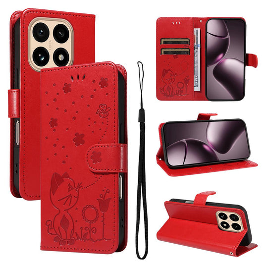 For Xiaomi 15T 5G Cat and Bee Embossed Flip Leather Phone Case Wallet Cover with Card Slots Cash Pocket Magnetic Stand Protective Shockproof TPU PU Leather Case with Wrist Strap