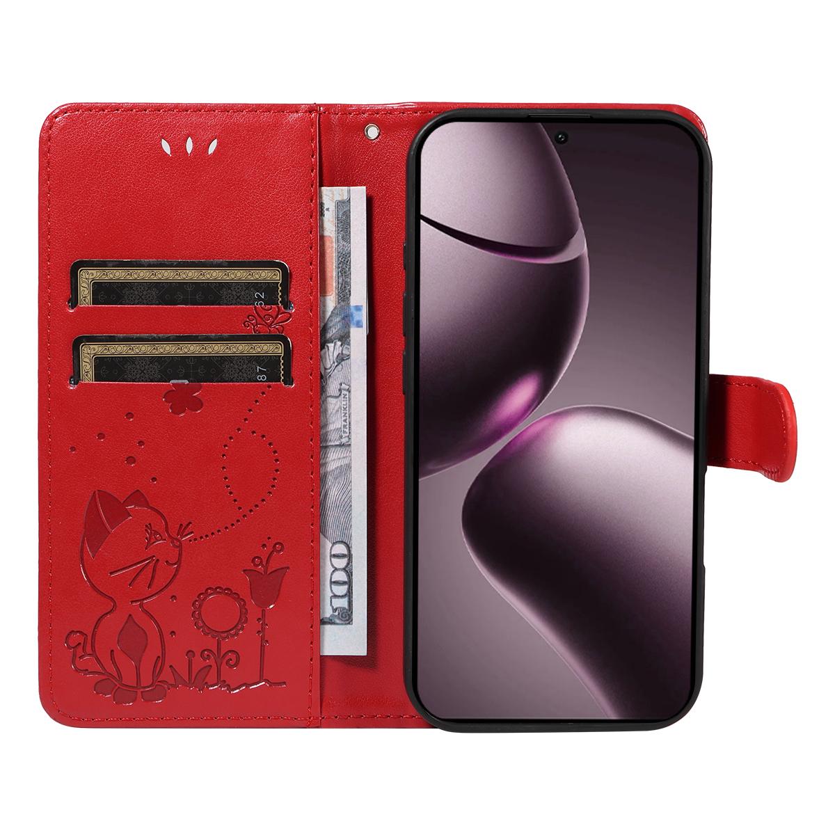 For Xiaomi 15T 5G Cat and Bee Embossed Flip Leather Phone Case Wallet Cover with Card Slots Cash Pocket Magnetic Stand Protective Shockproof TPU PU Leather Case with Wrist Strap