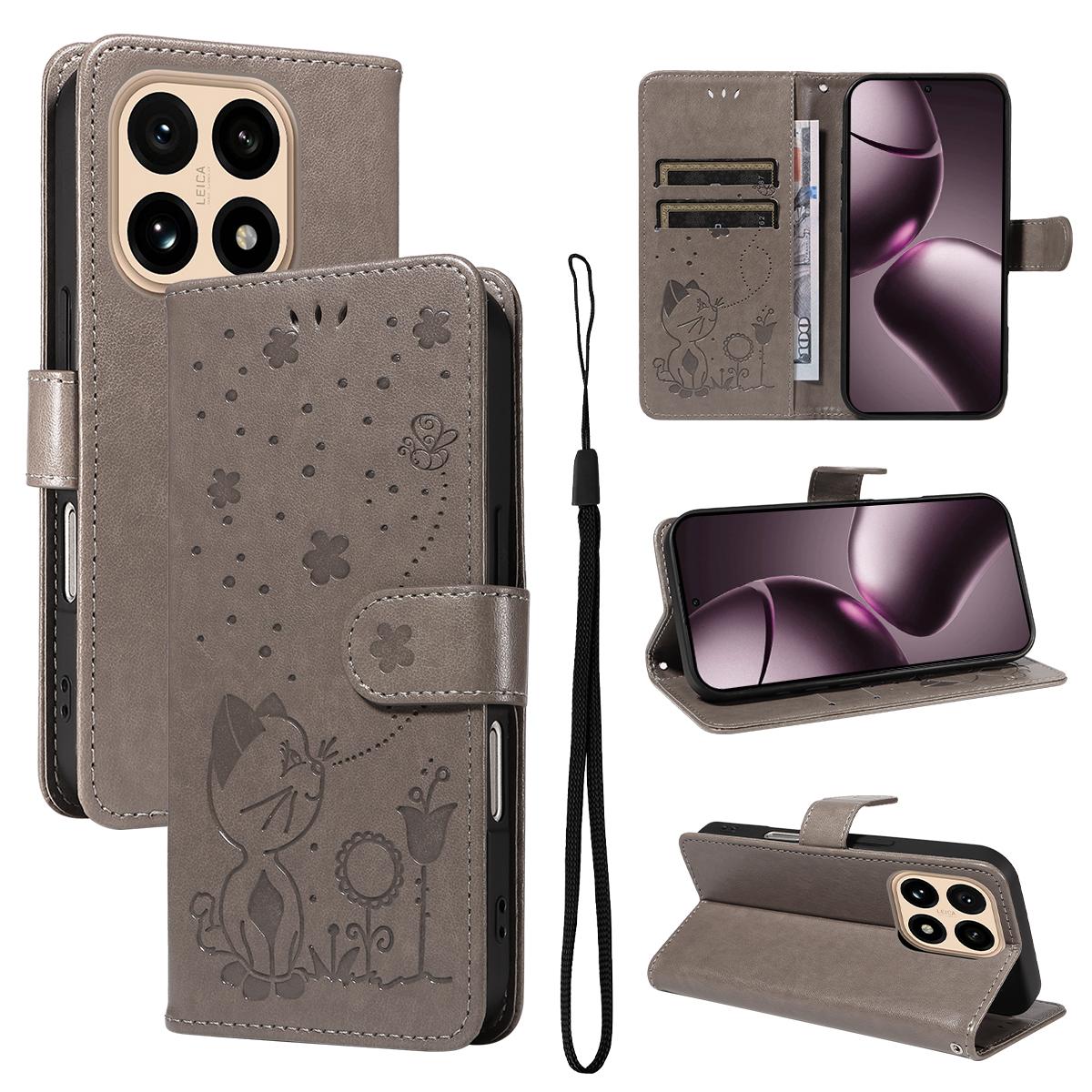 For Xiaomi 15T 5G Cat and Bee Embossed Flip Leather Phone Case Wallet Cover with Card Slots Cash Pocket Magnetic Stand Protective Shockproof TPU PU Leather Case with Wrist Strap