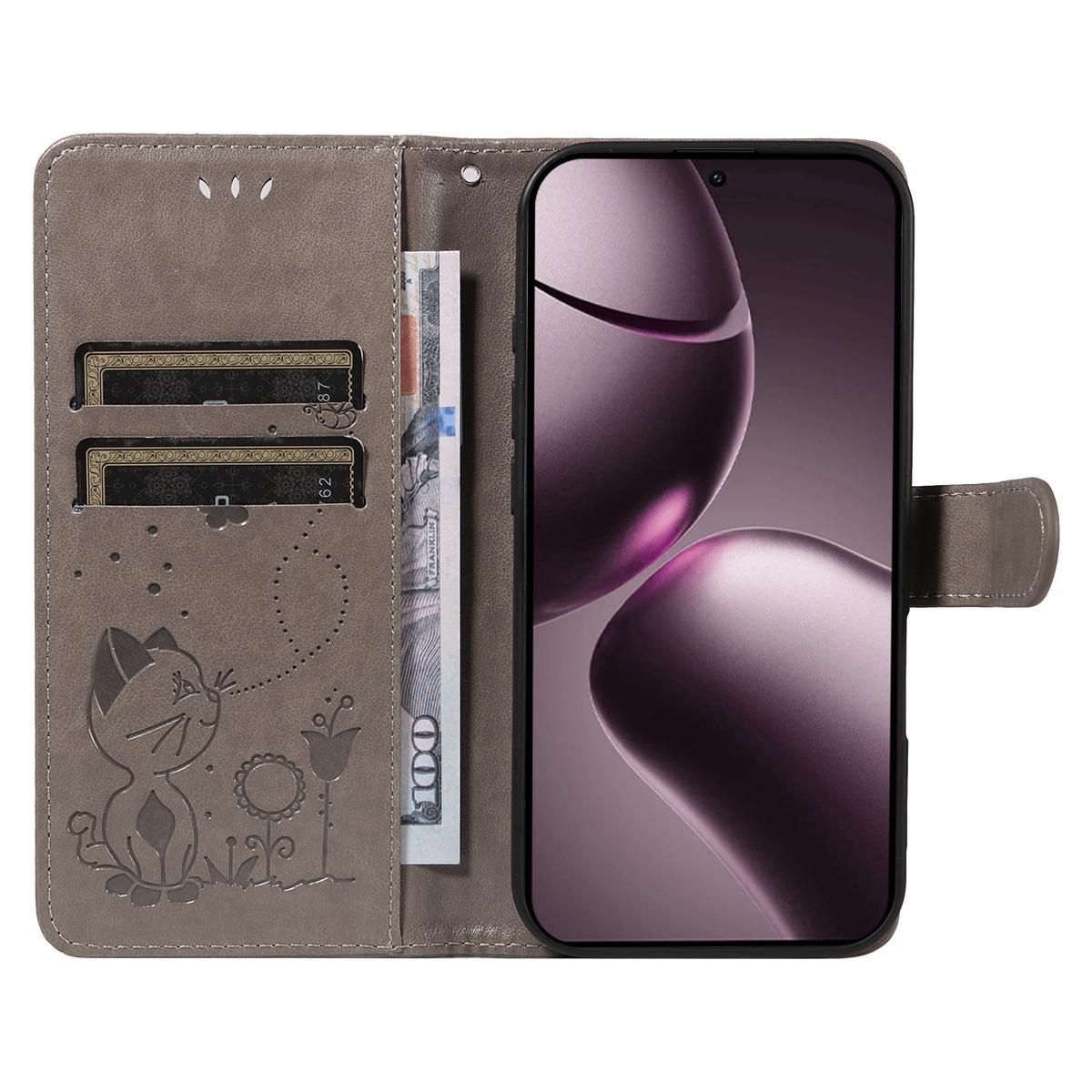 For Xiaomi 15T 5G Cat and Bee Embossed Flip Leather Phone Case Wallet Cover with Card Slots Cash Pocket Magnetic Stand Protective Shockproof TPU PU Leather Case with Wrist Strap