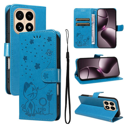 For Xiaomi 15T 5G Cat and Bee Embossed Flip Leather Phone Case Wallet Cover with Card Slots Cash Pocket Magnetic Stand Protective Shockproof TPU PU Leather Case with Wrist Strap