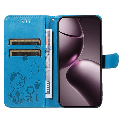 For Xiaomi 15T 5G Cat and Bee Embossed Flip Leather Phone Case Wallet Cover with Card Slots Cash Pocket Magnetic Stand Protective Shockproof TPU PU Leather Case with Wrist Strap