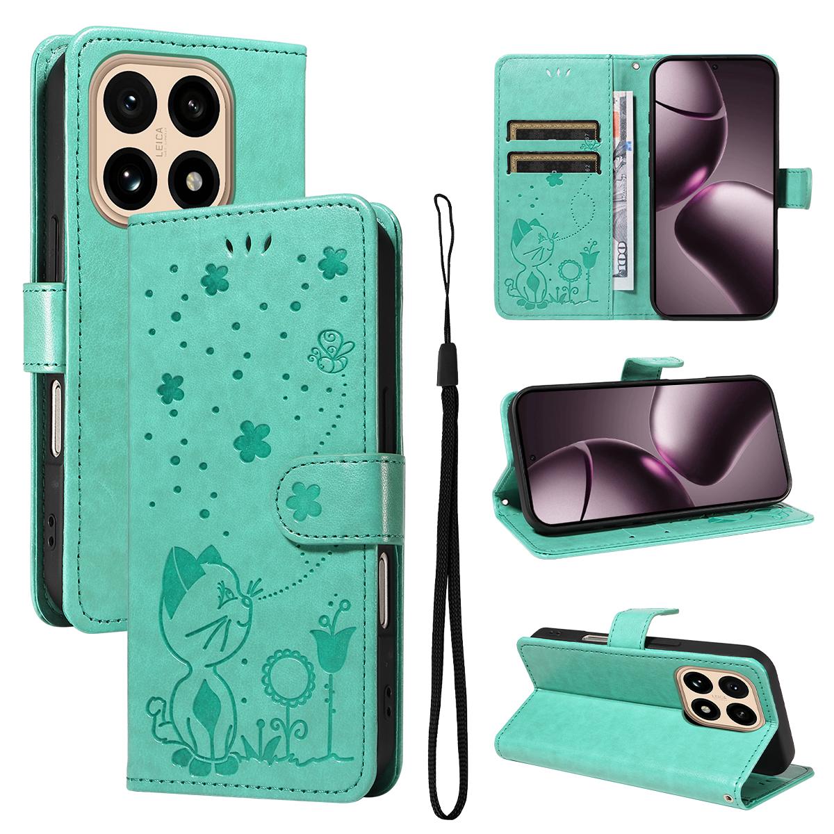For Xiaomi 15T 5G Cat and Bee Embossed Flip Leather Phone Case Wallet Cover with Card Slots Cash Pocket Magnetic Stand Protective Shockproof TPU PU Leather Case with Wrist Strap