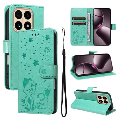 For Xiaomi 15T 5G Cat and Bee Embossed Flip Leather Phone Case Wallet Cover with Card Slots Cash Pocket Magnetic Stand Protective Shockproof TPU PU Leather Case with Wrist Strap