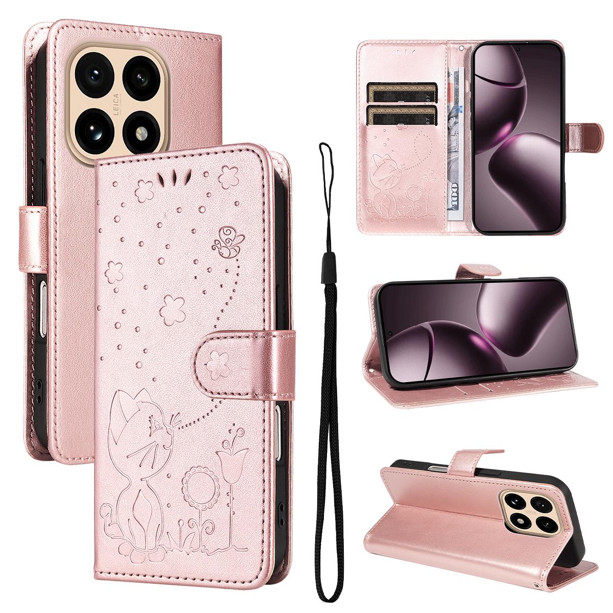 For Xiaomi 15T 5G Cat and Bee Embossed Flip Leather Phone Case Wallet Cover with Card Slots Cash Pocket Magnetic Stand Protective Shockproof TPU PU Leather Case with Wrist Strap