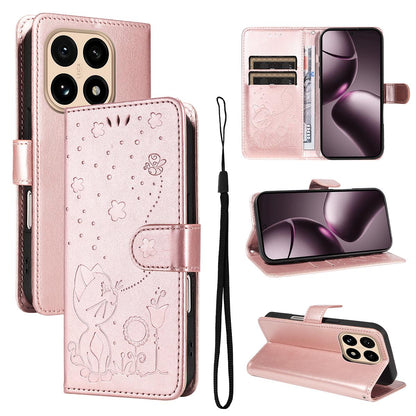 For Xiaomi 15T 5G Cat and Bee Embossed Flip Leather Phone Case Wallet Cover with Card Slots Cash Pocket Magnetic Stand Protective Shockproof TPU PU Leather Case with Wrist Strap