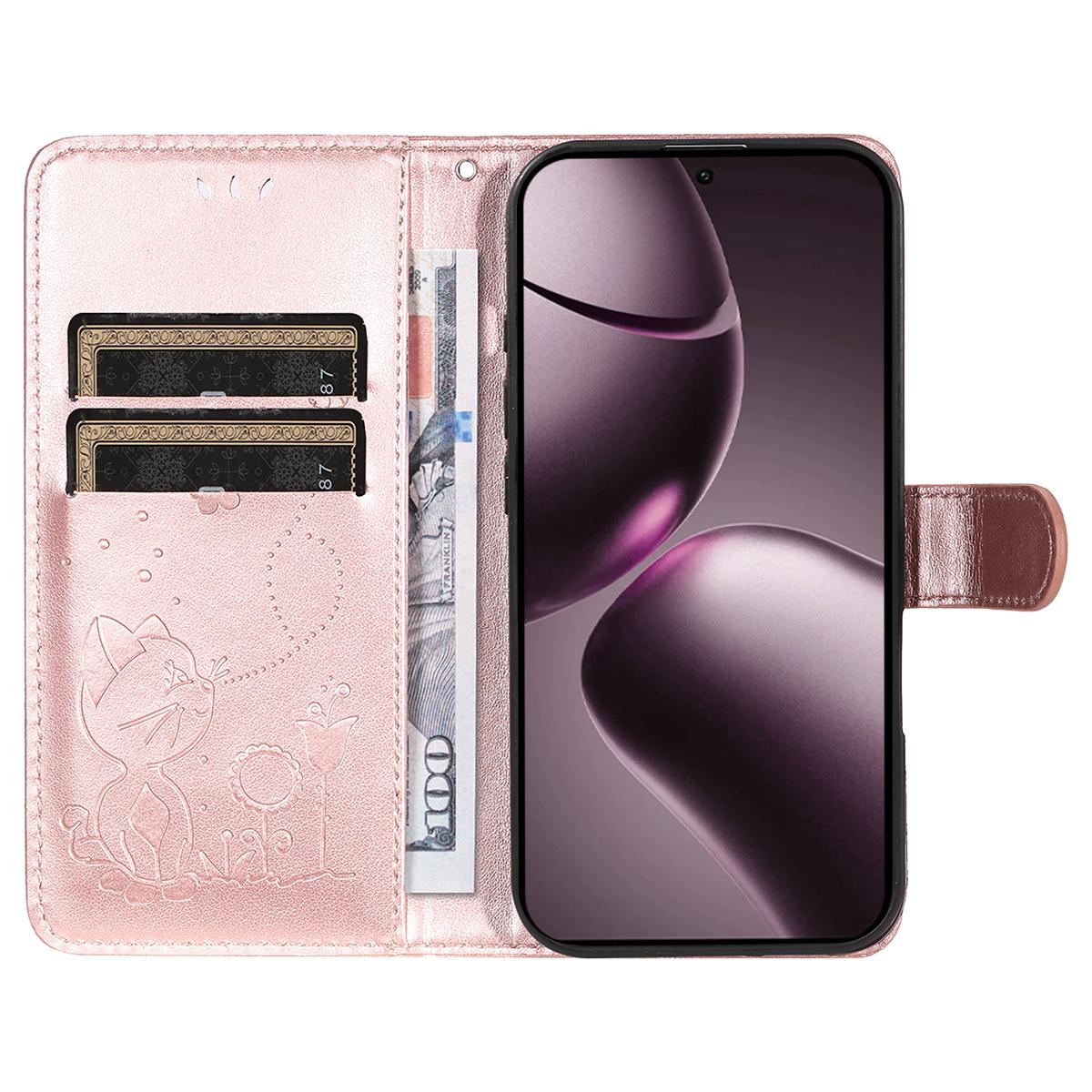 For Xiaomi 15T 5G Cat and Bee Embossed Flip Leather Phone Case Wallet Cover with Card Slots Cash Pocket Magnetic Stand Protective Shockproof TPU PU Leather Case with Wrist Strap