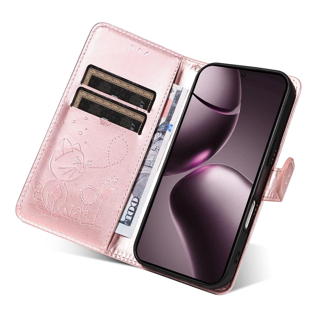 For Xiaomi 15T 5G Cat and Bee Embossed Flip Leather Phone Case Wallet Cover with Card Slots Cash Pocket Magnetic Stand Protective Shockproof TPU PU Leather Case with Wrist Strap