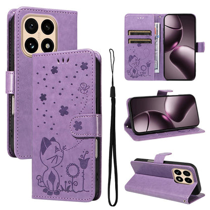 For Xiaomi 15T 5G Cat and Bee Embossed Flip Leather Phone Case Wallet Cover with Card Slots Cash Pocket Magnetic Stand Protective Shockproof TPU PU Leather Case with Wrist Strap