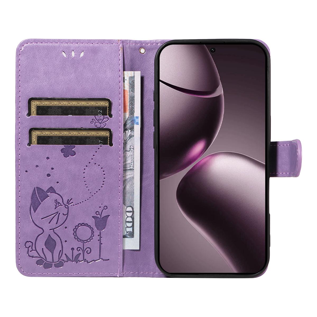 For Xiaomi 15T 5G Cat and Bee Embossed Flip Leather Phone Case Wallet Cover with Card Slots Cash Pocket Magnetic Stand Protective Shockproof TPU PU Leather Case with Wrist Strap
