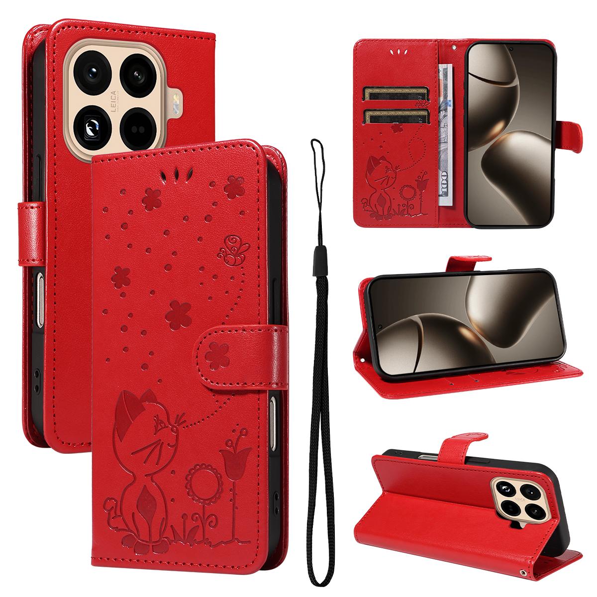 For Xiaomi 15T Pro 5G Cat and Bee Embossed Flip Leather Phone Case Wallet Cover with Card Slots Cash Pocket Magnetic Stand Protective Shockproof TPU PU Leather Case with Wrist Strap