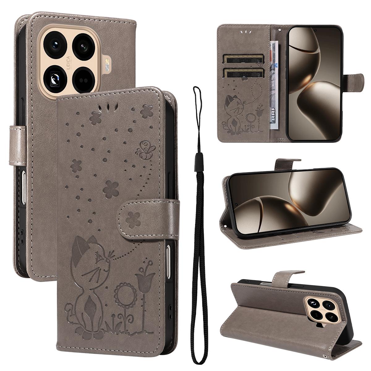 For Xiaomi 15T Pro 5G Cat and Bee Embossed Flip Leather Phone Case Wallet Cover with Card Slots Cash Pocket Magnetic Stand Protective Shockproof TPU PU Leather Case with Wrist Strap
