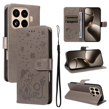 For Xiaomi 15T Pro 5G Cat and Bee Embossed Flip Leather Phone Case Wallet Cover with Card Slots Cash Pocket Magnetic Stand Protective Shockproof TPU PU Leather Case with Wrist Strap