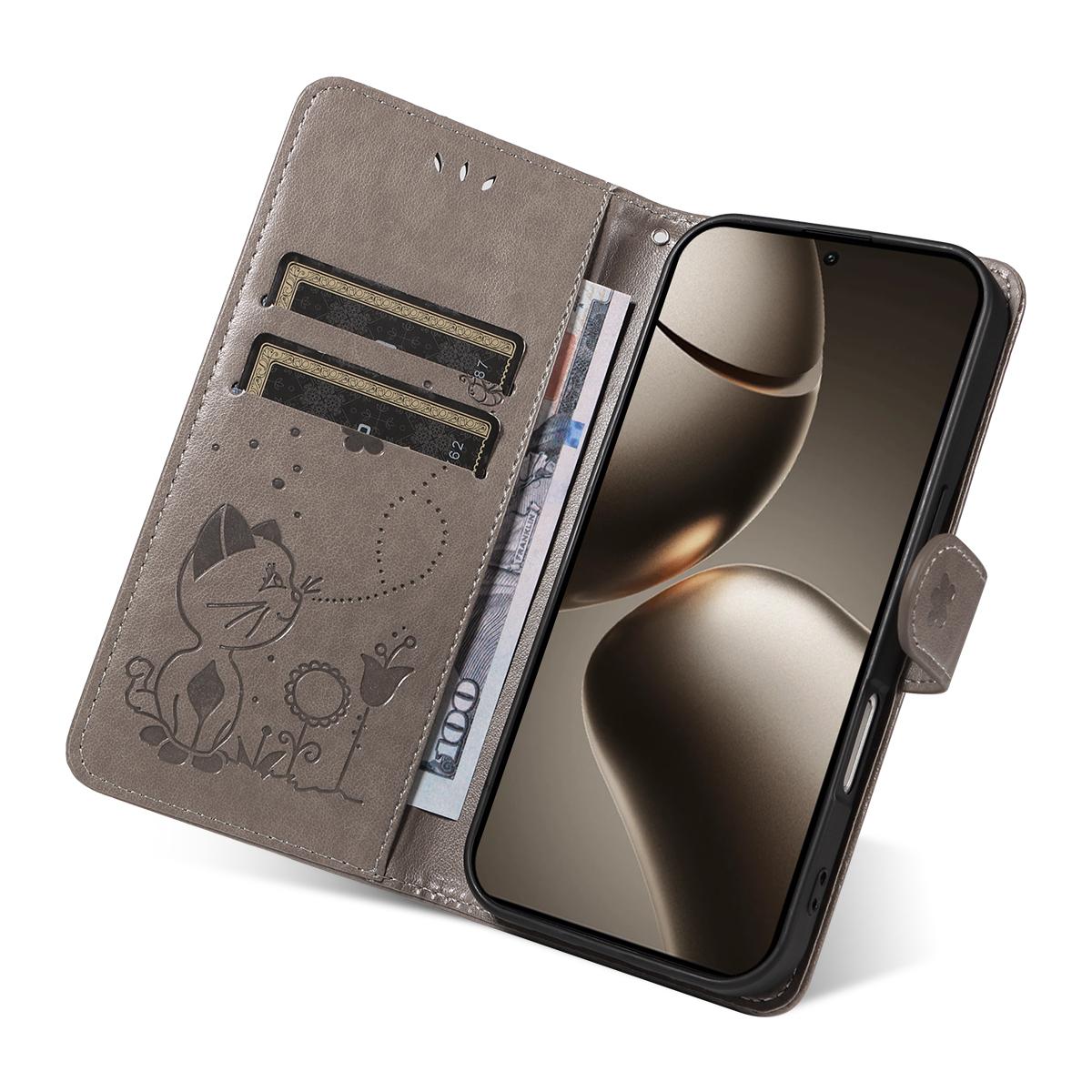 For Xiaomi 15T Pro 5G Cat and Bee Embossed Flip Leather Phone Case Wallet Cover with Card Slots Cash Pocket Magnetic Stand Protective Shockproof TPU PU Leather Case with Wrist Strap