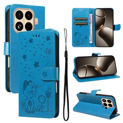 For Xiaomi 15T Pro 5G Cat and Bee Embossed Flip Leather Phone Case Wallet Cover with Card Slots Cash Pocket Magnetic Stand Protective Shockproof TPU PU Leather Case with Wrist Strap