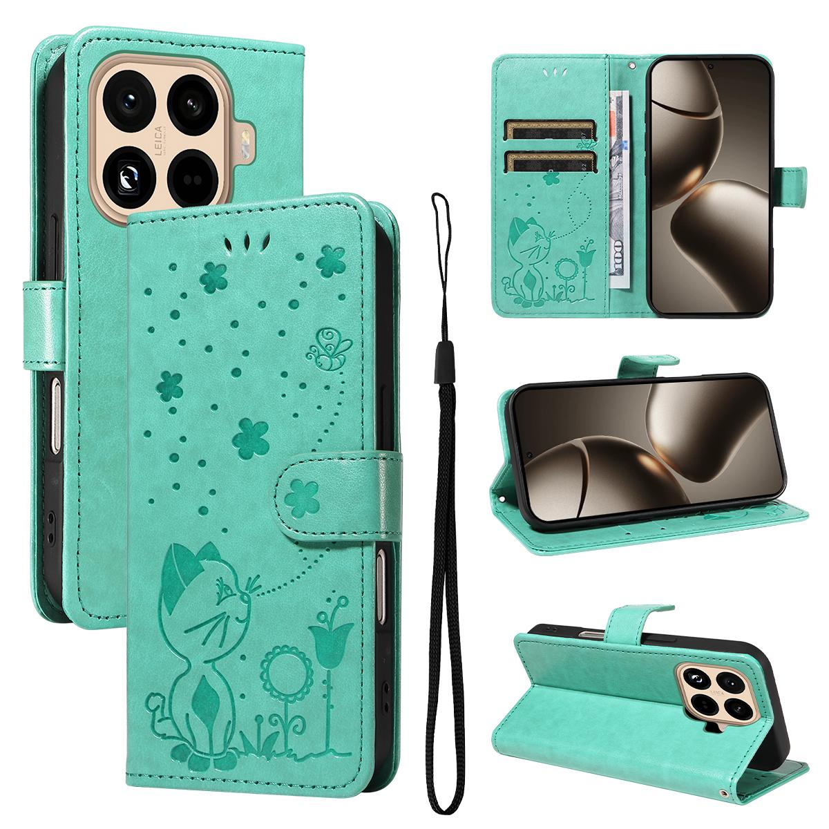For Xiaomi 15T Pro 5G Cat and Bee Embossed Flip Leather Phone Case Wallet Cover with Card Slots Cash Pocket Magnetic Stand Protective Shockproof TPU PU Leather Case with Wrist Strap