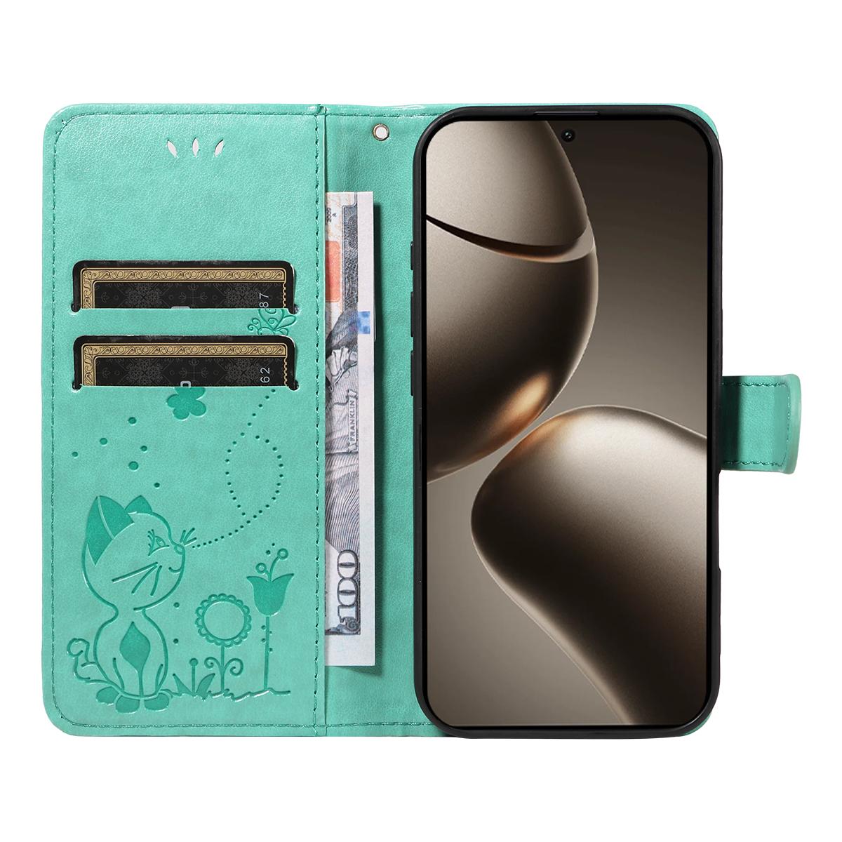For Xiaomi 15T Pro 5G Cat and Bee Embossed Flip Leather Phone Case Wallet Cover with Card Slots Cash Pocket Magnetic Stand Protective Shockproof TPU PU Leather Case with Wrist Strap