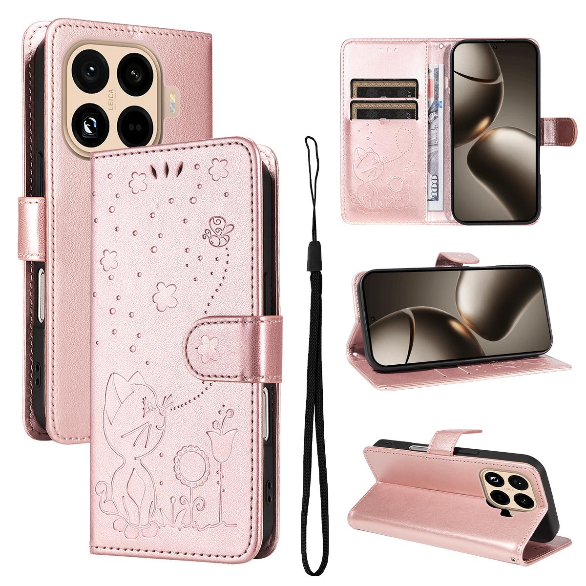 For Xiaomi 15T Pro 5G Cat and Bee Embossed Flip Leather Phone Case Wallet Cover with Card Slots Cash Pocket Magnetic Stand Protective Shockproof TPU PU Leather Case with Wrist Strap