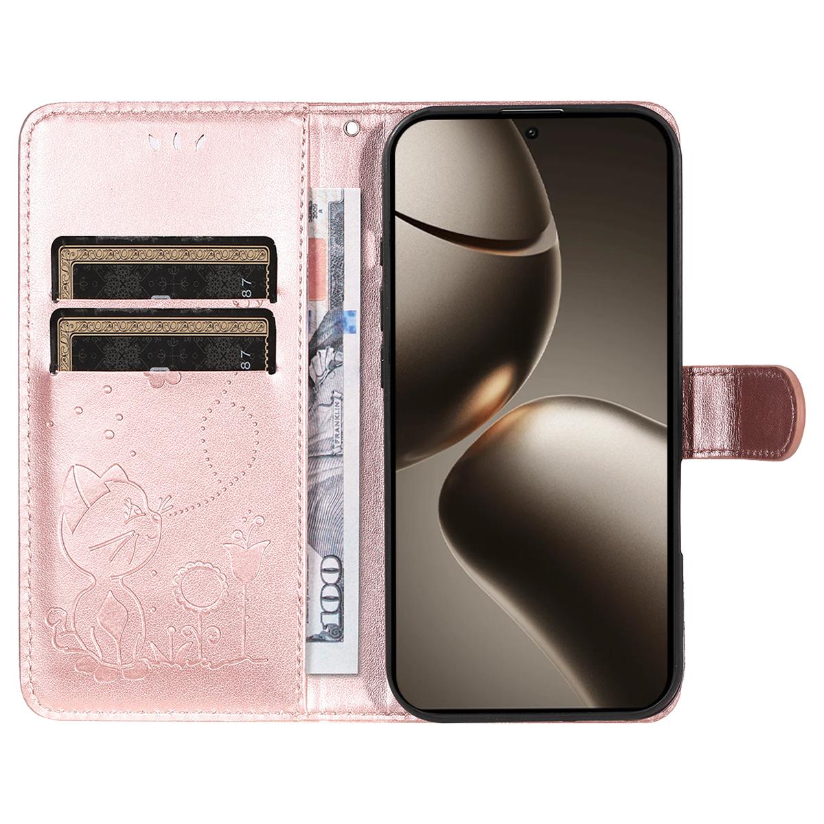 For Xiaomi 15T Pro 5G Cat and Bee Embossed Flip Leather Phone Case Wallet Cover with Card Slots Cash Pocket Magnetic Stand Protective Shockproof TPU PU Leather Case with Wrist Strap