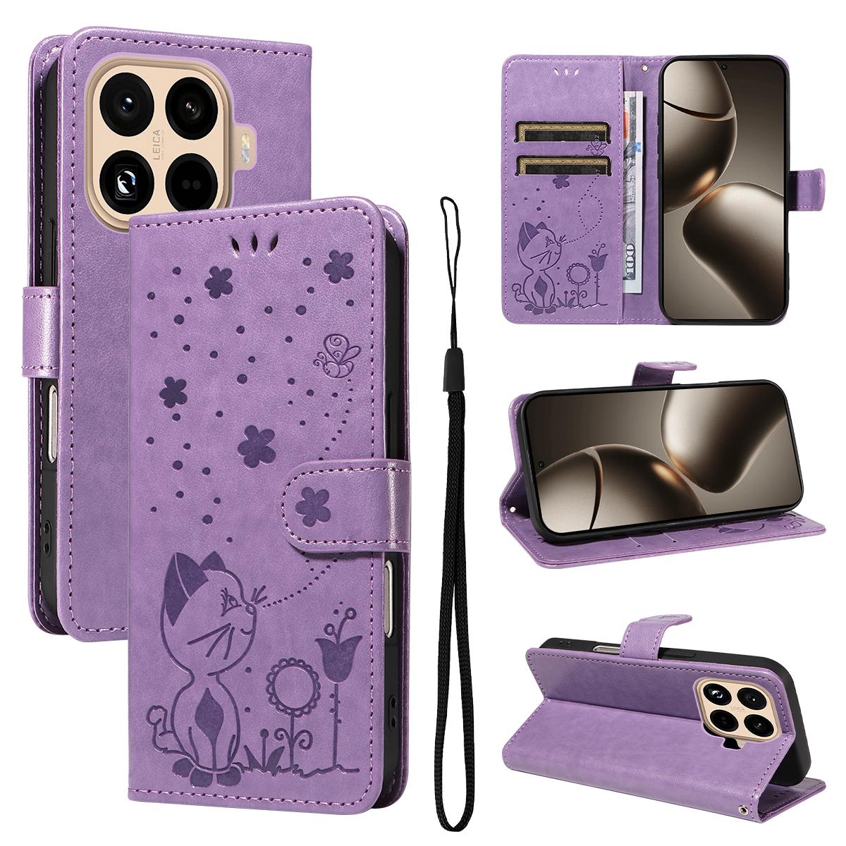 For Xiaomi 15T Pro 5G Cat and Bee Embossed Flip Leather Phone Case Wallet Cover with Card Slots Cash Pocket Magnetic Stand Protective Shockproof TPU PU Leather Case with Wrist Strap