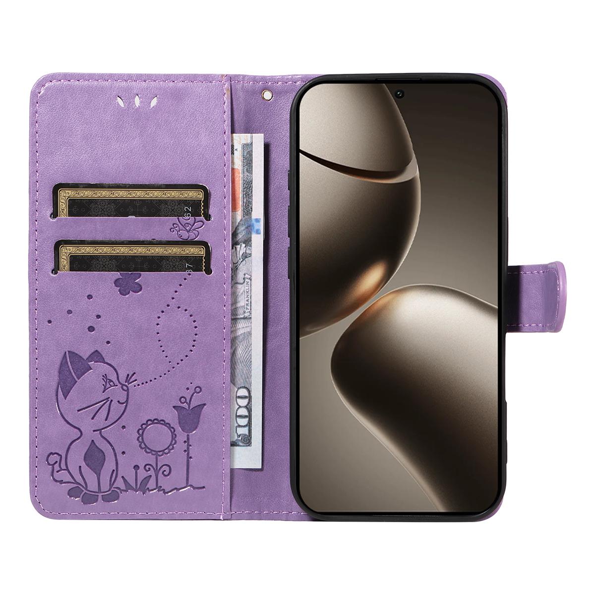 For Xiaomi 15T Pro 5G Cat and Bee Embossed Flip Leather Phone Case Wallet Cover with Card Slots Cash Pocket Magnetic Stand Protective Shockproof TPU PU Leather Case with Wrist Strap