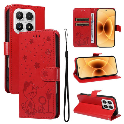 For Xiaomi 17 Cat and Bee Embossed Flip Leather Phone Case Wallet Cover with Card Slots Cash Pocket Magnetic Stand Protective Shockproof TPU PU Leather Case with Wrist Strap