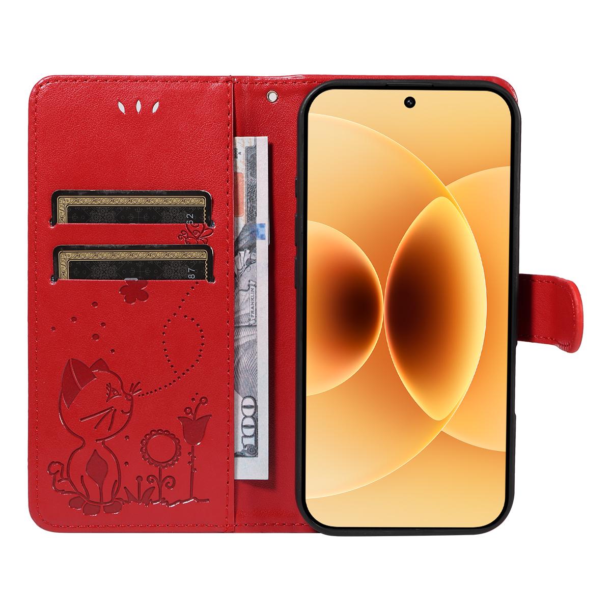 For Xiaomi 17 Cat and Bee Embossed Flip Leather Phone Case Wallet Cover with Card Slots Cash Pocket Magnetic Stand Protective Shockproof TPU PU Leather Case with Wrist Strap