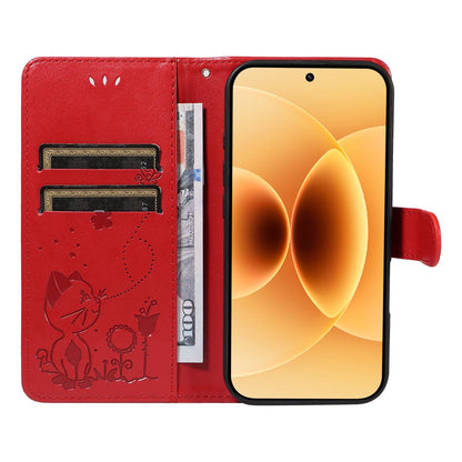 For Xiaomi 17 Cat and Bee Embossed Flip Leather Phone Case Wallet Cover with Card Slots Cash Pocket Magnetic Stand Protective Shockproof TPU PU Leather Case with Wrist Strap
