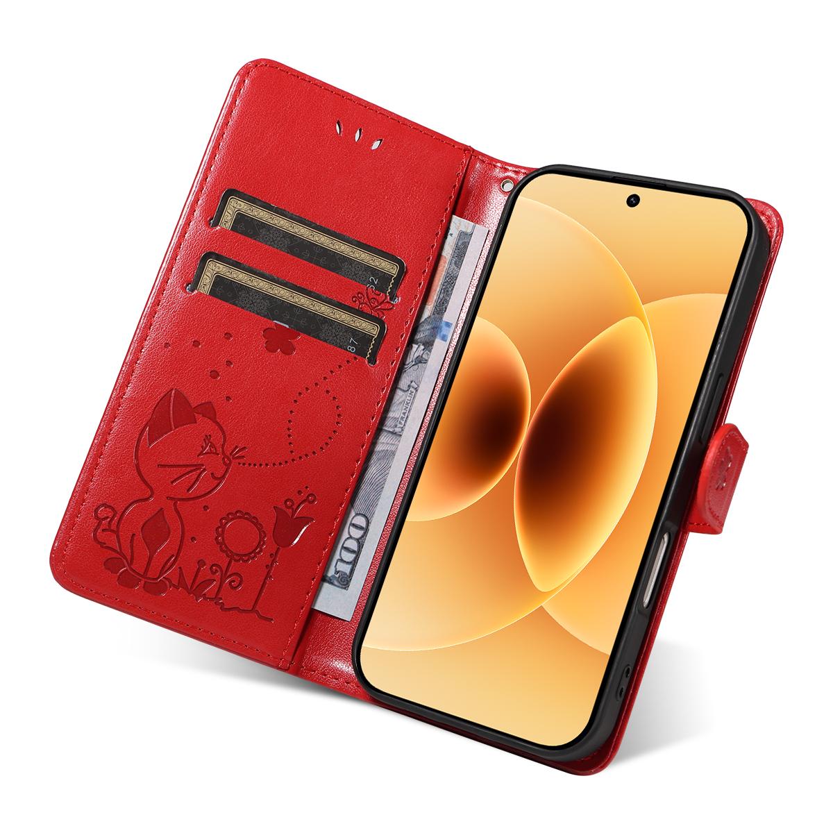 For Xiaomi 17 Cat and Bee Embossed Flip Leather Phone Case Wallet Cover with Card Slots Cash Pocket Magnetic Stand Protective Shockproof TPU PU Leather Case with Wrist Strap
