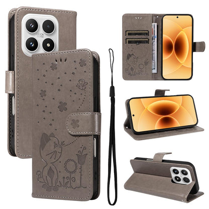 For Xiaomi 17 Cat and Bee Embossed Flip Leather Phone Case Wallet Cover with Card Slots Cash Pocket Magnetic Stand Protective Shockproof TPU PU Leather Case with Wrist Strap
