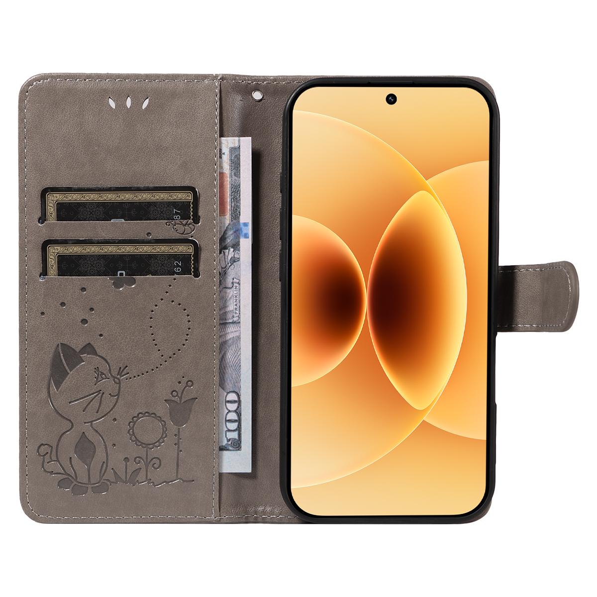 For Xiaomi 17 Cat and Bee Embossed Flip Leather Phone Case Wallet Cover with Card Slots Cash Pocket Magnetic Stand Protective Shockproof TPU PU Leather Case with Wrist Strap