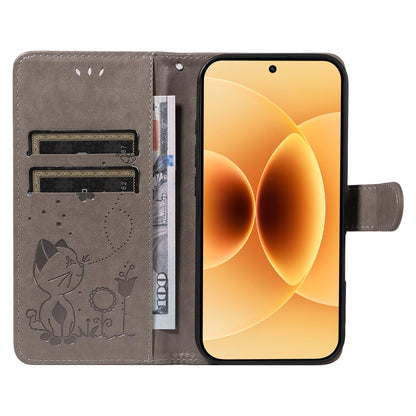For Xiaomi 17 Cat and Bee Embossed Flip Leather Phone Case Wallet Cover with Card Slots Cash Pocket Magnetic Stand Protective Shockproof TPU PU Leather Case with Wrist Strap
