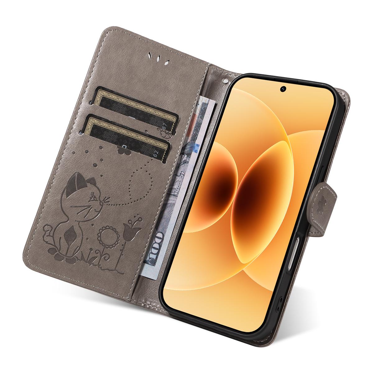 For Xiaomi 17 Cat and Bee Embossed Flip Leather Phone Case Wallet Cover with Card Slots Cash Pocket Magnetic Stand Protective Shockproof TPU PU Leather Case with Wrist Strap