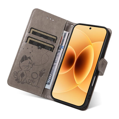 For Xiaomi 17 Cat and Bee Embossed Flip Leather Phone Case Wallet Cover with Card Slots Cash Pocket Magnetic Stand Protective Shockproof TPU PU Leather Case with Wrist Strap