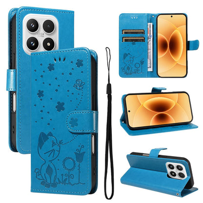 For Xiaomi 17 Cat and Bee Embossed Flip Leather Phone Case Wallet Cover with Card Slots Cash Pocket Magnetic Stand Protective Shockproof TPU PU Leather Case with Wrist Strap