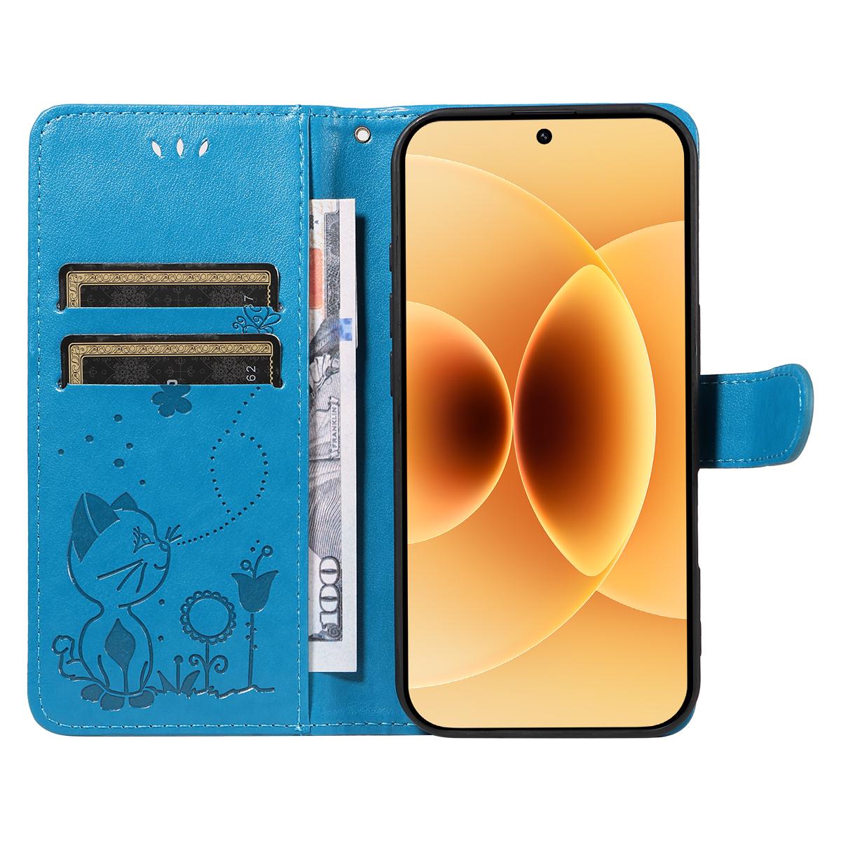 For Xiaomi 17 Cat and Bee Embossed Flip Leather Phone Case Wallet Cover with Card Slots Cash Pocket Magnetic Stand Protective Shockproof TPU PU Leather Case with Wrist Strap