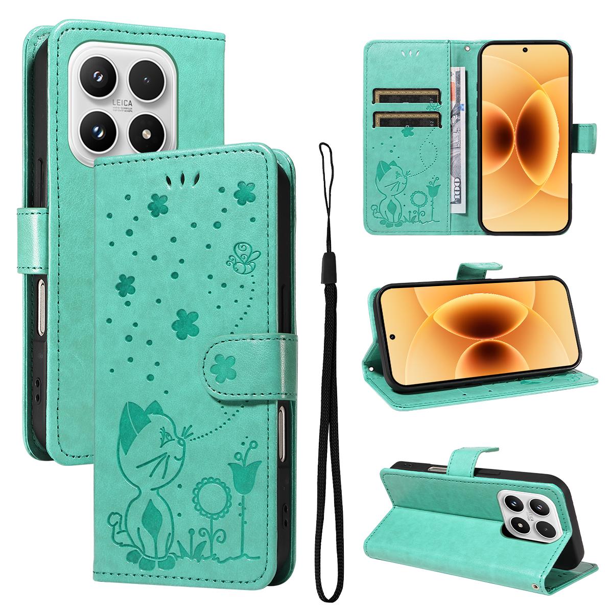 For Xiaomi 17 Cat and Bee Embossed Flip Leather Phone Case Wallet Cover with Card Slots Cash Pocket Magnetic Stand Protective Shockproof TPU PU Leather Case with Wrist Strap