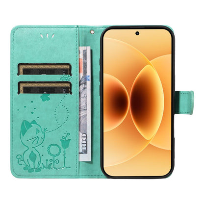 For Xiaomi 17 Cat and Bee Embossed Flip Leather Phone Case Wallet Cover with Card Slots Cash Pocket Magnetic Stand Protective Shockproof TPU PU Leather Case with Wrist Strap