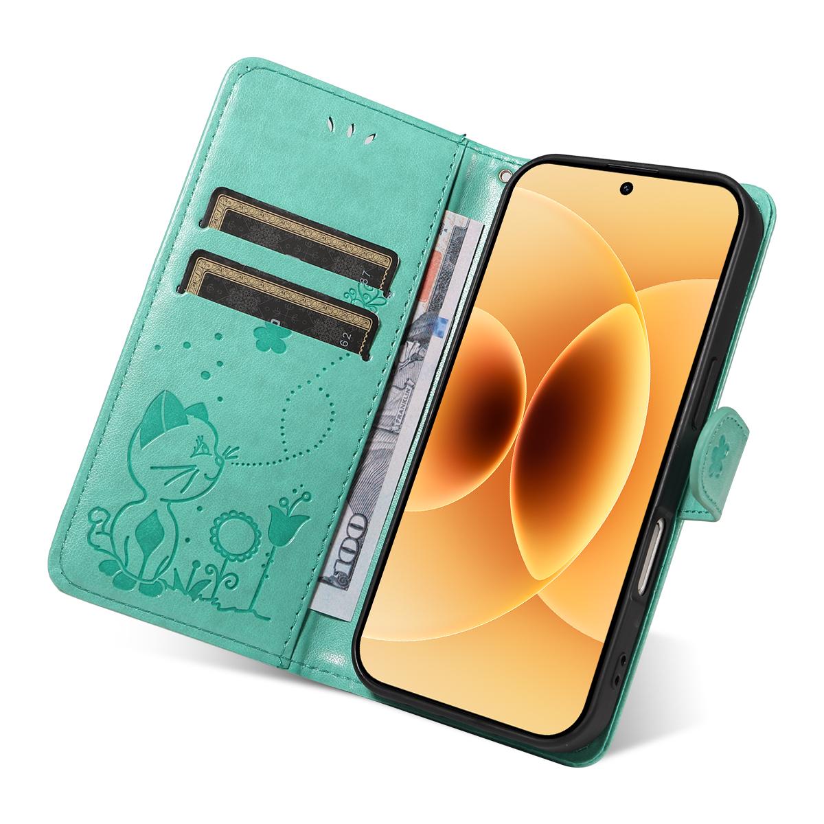 For Xiaomi 17 Cat and Bee Embossed Flip Leather Phone Case Wallet Cover with Card Slots Cash Pocket Magnetic Stand Protective Shockproof TPU PU Leather Case with Wrist Strap