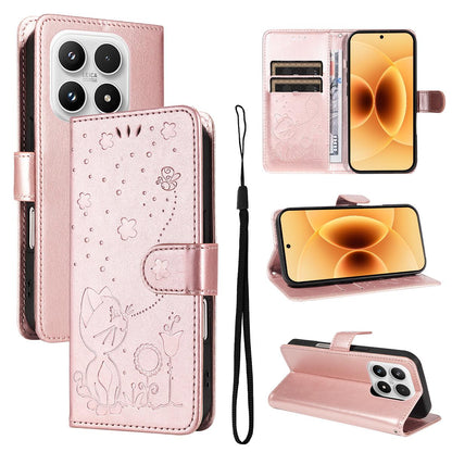 For Xiaomi 17 Cat and Bee Embossed Flip Leather Phone Case Wallet Cover with Card Slots Cash Pocket Magnetic Stand Protective Shockproof TPU PU Leather Case with Wrist Strap