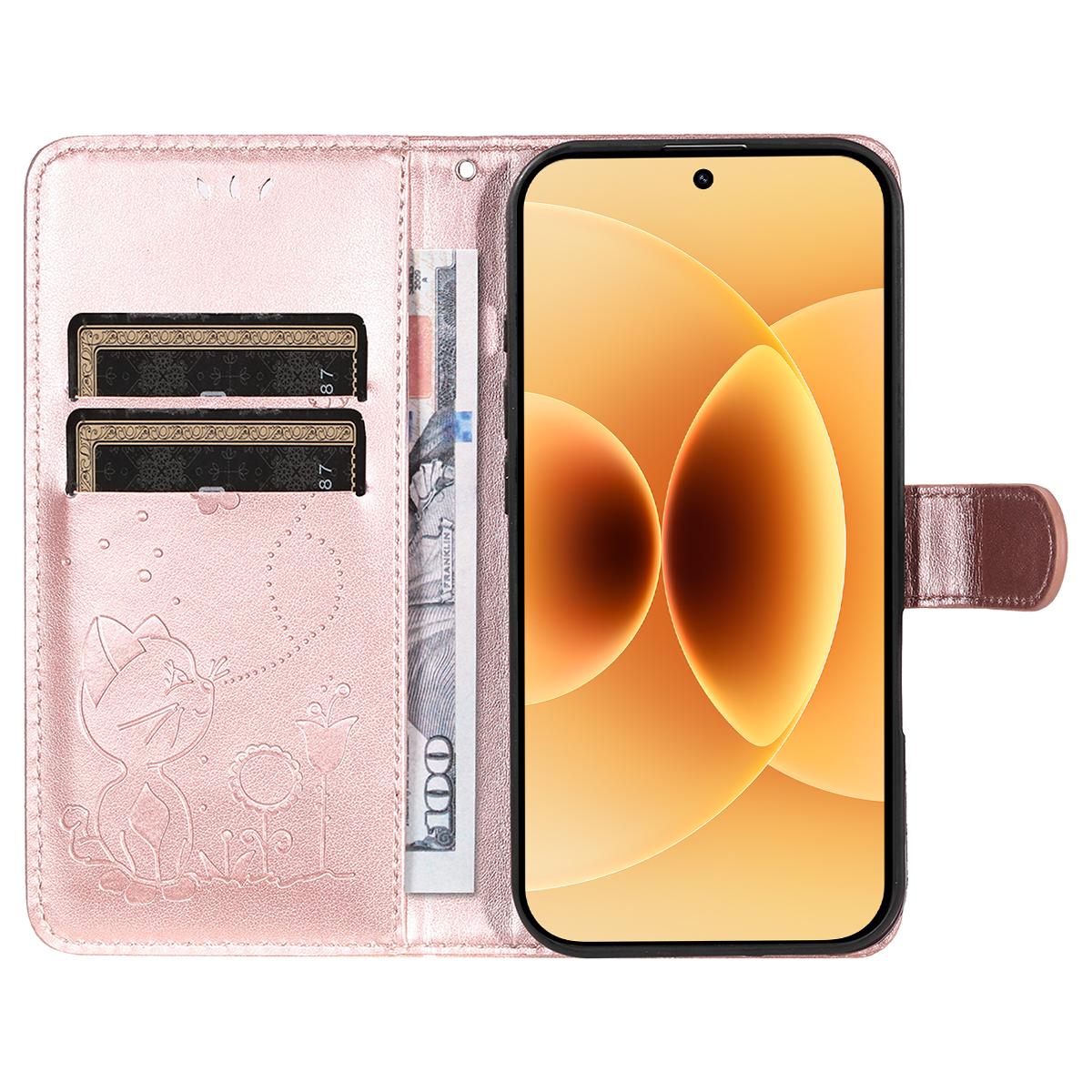For Xiaomi 17 Cat and Bee Embossed Flip Leather Phone Case Wallet Cover with Card Slots Cash Pocket Magnetic Stand Protective Shockproof TPU PU Leather Case with Wrist Strap
