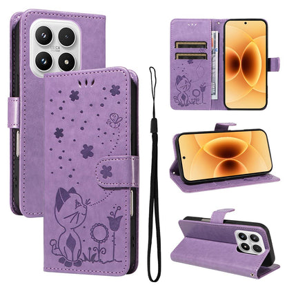 For Xiaomi 17 Cat and Bee Embossed Flip Leather Phone Case Wallet Cover with Card Slots Cash Pocket Magnetic Stand Protective Shockproof TPU PU Leather Case with Wrist Strap