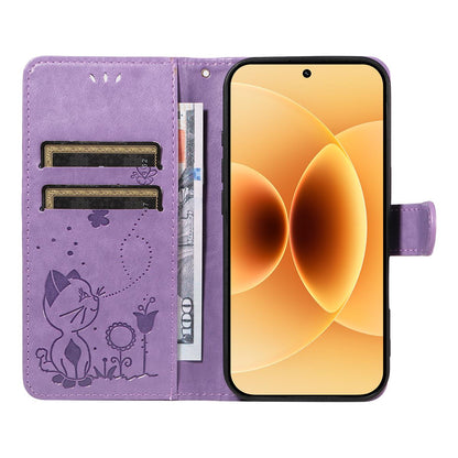 For Xiaomi 17 Cat and Bee Embossed Flip Leather Phone Case Wallet Cover with Card Slots Cash Pocket Magnetic Stand Protective Shockproof TPU PU Leather Case with Wrist Strap