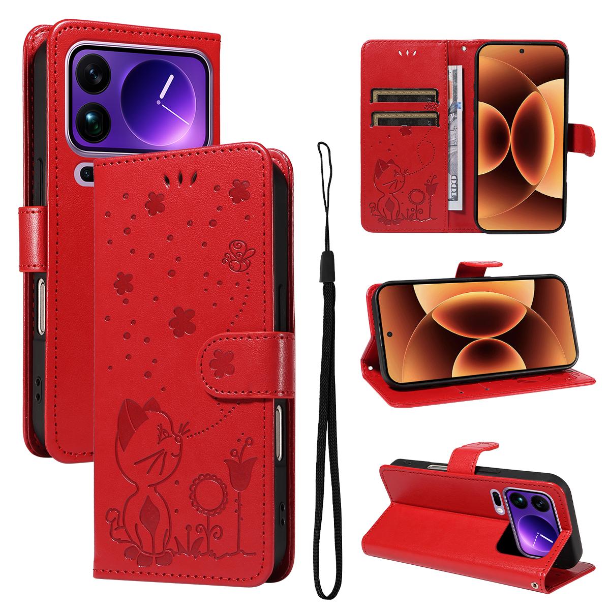 For Xiaomi 17 Pro Max Cat and Bee Embossed Flip Leather Phone Case Wallet Cover with Card Slots Cash Pocket Magnetic Stand Protective Shockproof TPU PU Leather Case with Wrist Strap
