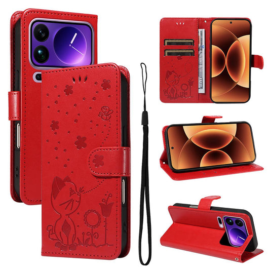 For Xiaomi 17 Pro Max Cat and Bee Embossed Flip Leather Phone Case Wallet Cover with Card Slots Cash Pocket Magnetic Stand Protective Shockproof TPU PU Leather Case with Wrist Strap
