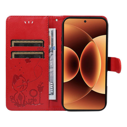 For Xiaomi 17 Pro Max Cat and Bee Embossed Flip Leather Phone Case Wallet Cover with Card Slots Cash Pocket Magnetic Stand Protective Shockproof TPU PU Leather Case with Wrist Strap